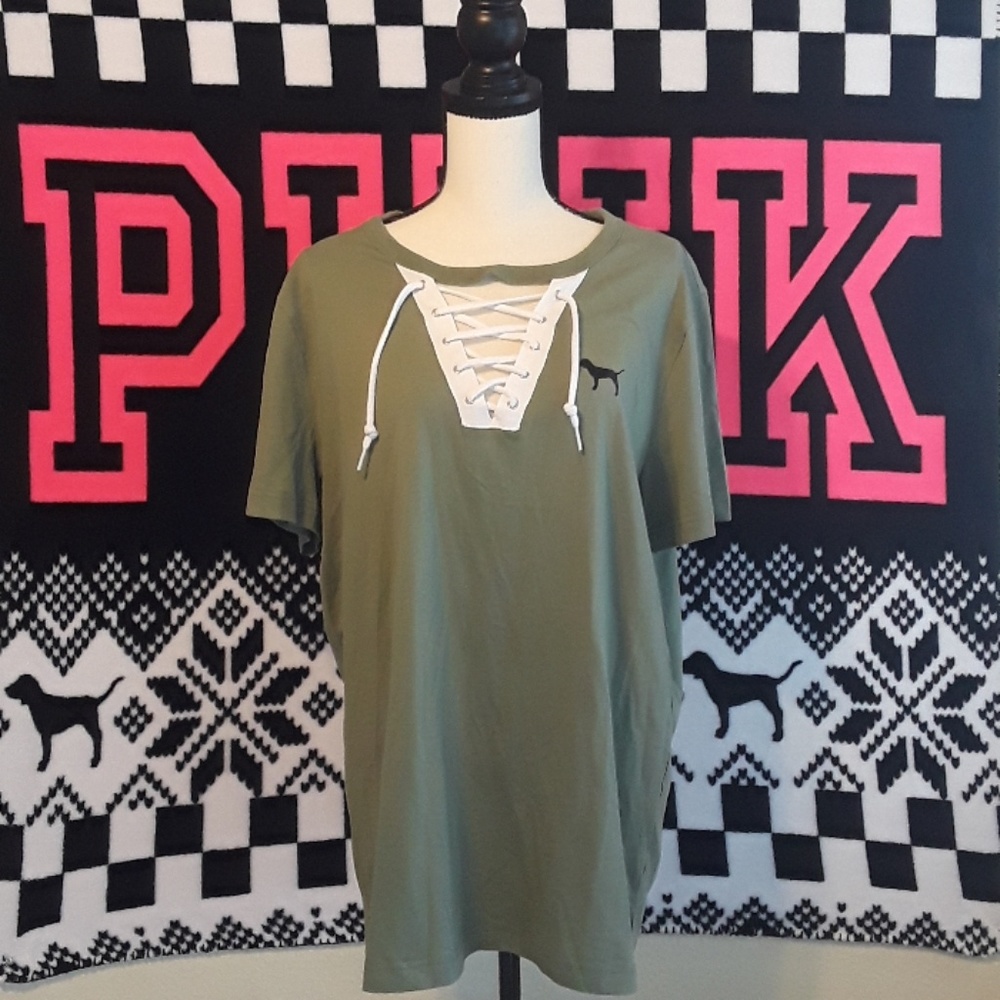 Pink vs Strappy tie olive Green Shirt